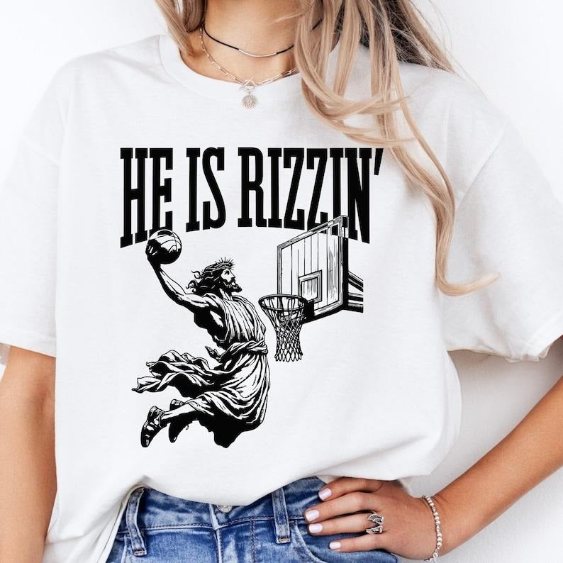 He Is Rizzin Shirt , Funny Jesus Shirt , he is risen, Christian Easter, Easter Gift, Jesus Basketball  T-shirt, sweater...