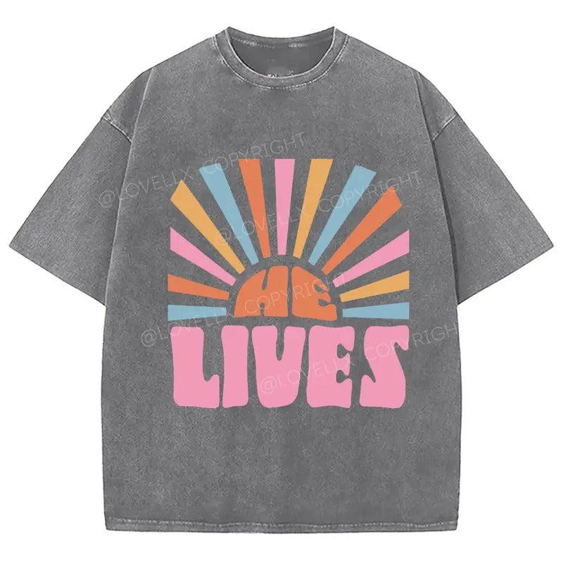 He Lives Washed T-Shirt, Christian Jesus  t shirts, Vintage 90s Graphic Tee Gift Cotton Top Womenswear, Mineral color...