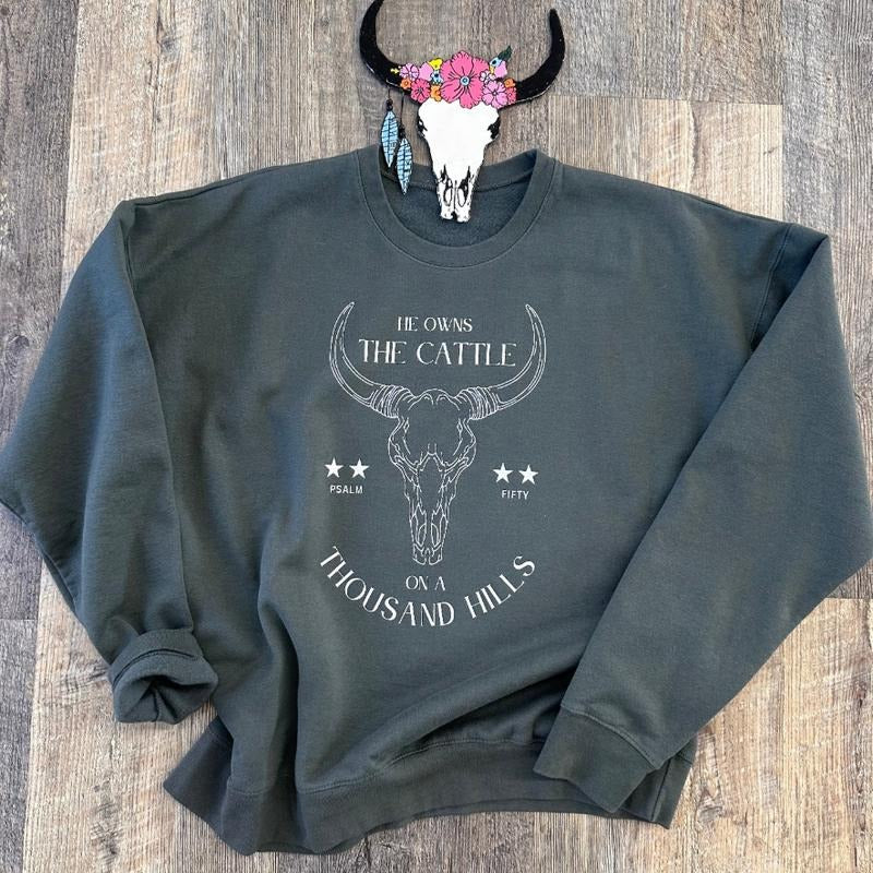 He Owns Cows Thousand Hills Bull Skull Western Stuff Western Outfits Tops Country Western Girl Clothes Winter Outfits T-Shirts, Hoodie, Sweatshirt