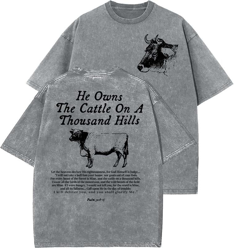 He Owns The Cattle On A Thousand Hills Unisex Washed T-Shirt, Christian t shirts, Vintage 90s Graphic Tee, Gift Top...