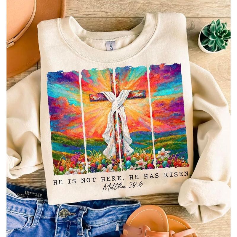 He is Risen  Wildflower Shirt, Spring Easter Brushstroke , Aesthetic Boho DTF Transfers Easter Christian Jesus Hoodie...
