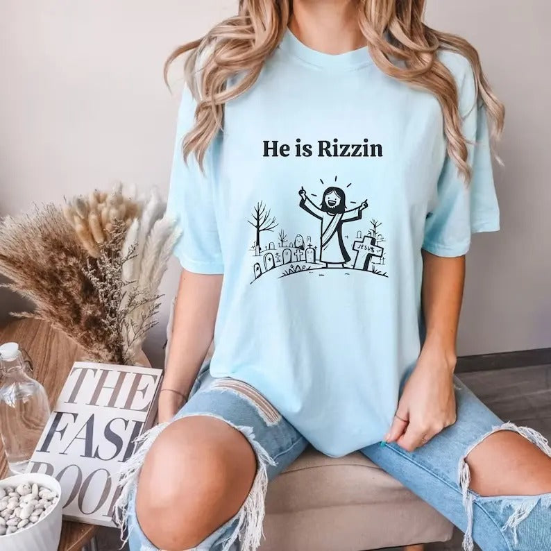 He is Rizzin - Funny Easter Jesus Shirt - Unisex Cotton Graphic T-shirt Hoodie Sweatshirt | PrintMintTees.com
