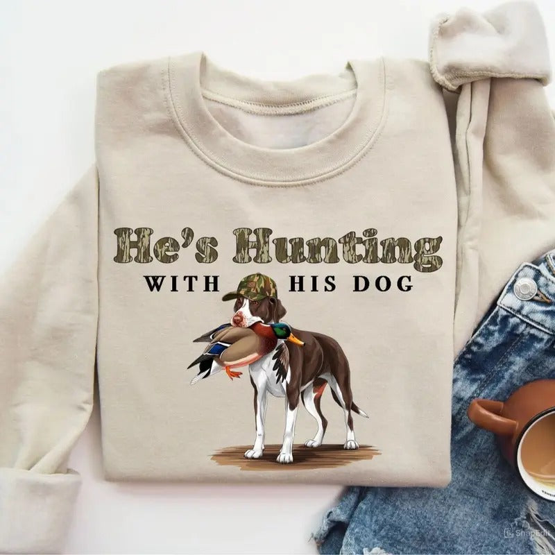 He's Hunting with His Bird Dog Unisex Crewneck Sweater, Hunting Camo Bottomland Duck Hunt Shirt Hoodie Sweatshirt
