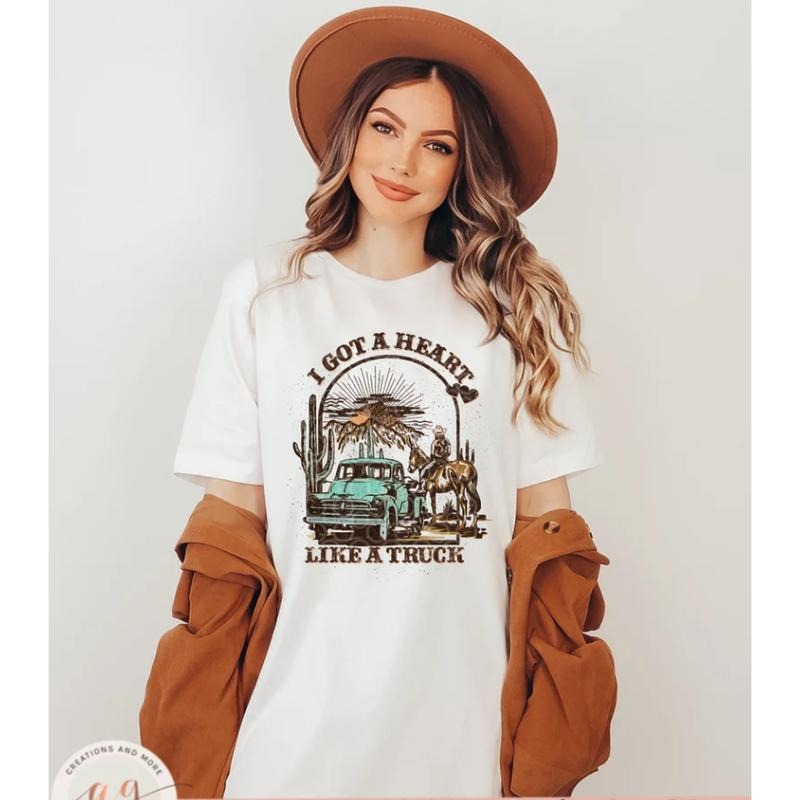 Heart Like a Truck Shirt, Western Sunset Cowgirl Tee, Rodeo Graphic Shirt, Country Girl Aesthetic, Southern Country Shirt...