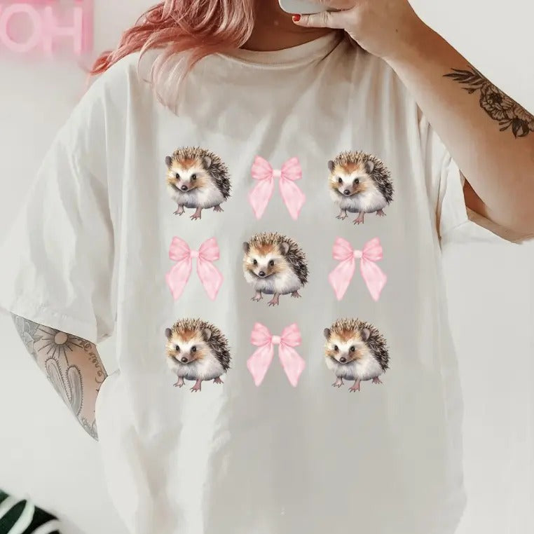 Hedgehog with bows Shirt ~ Unisex Apparel Relaxed Fit Printed In The USA Clothing Womenswear Casual Comfort Cotton Top...