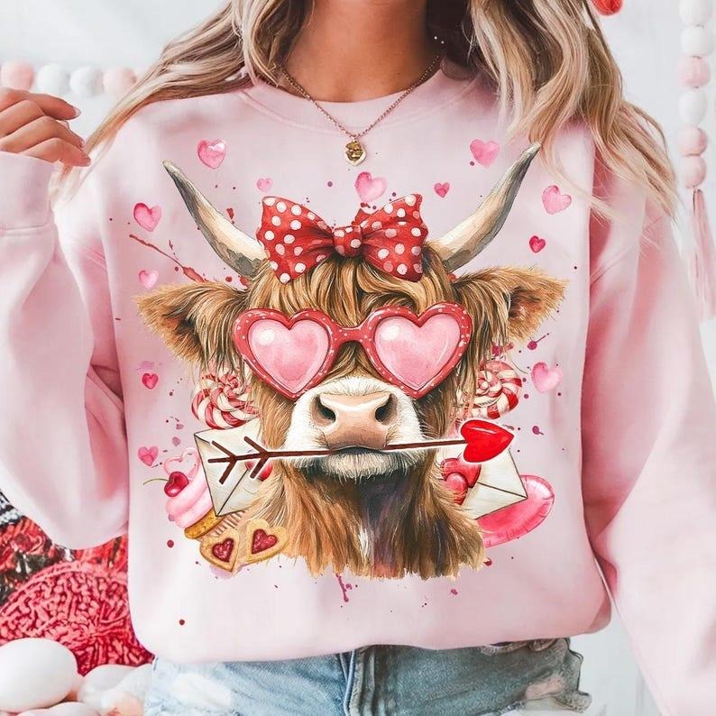 Heifer Valentine Highland Cow Sweatshirt Western Country Love You Till The Cows Come Home,Coquette Valentine Shirt Hoodie