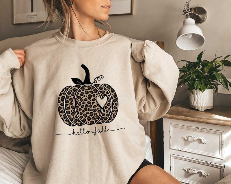 Hello Fall Sweatshirt, Leopard Pumpkin Sweater, Fall Thanksgiving Pumpkin Shirt, Fall Thanksgiving Crewneck, Thankful...