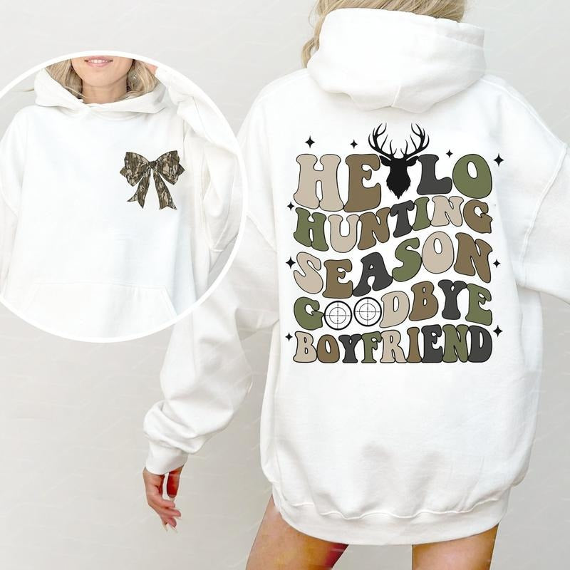 Hello Hunting Season Goodbye Boyfriend Camo Coquette Bow 2 Sides Sweatshirt, Girls Camo Bow Shirt Hoodie | PrintMintTees.com