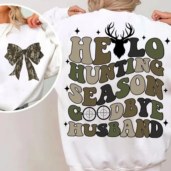 Hello Hunting Season Goodbye Husband Camo Coquette Bow 2 Sides Sweatshirt, Girls Camo Bow Shirt Hoodie | PrintMintTees.com