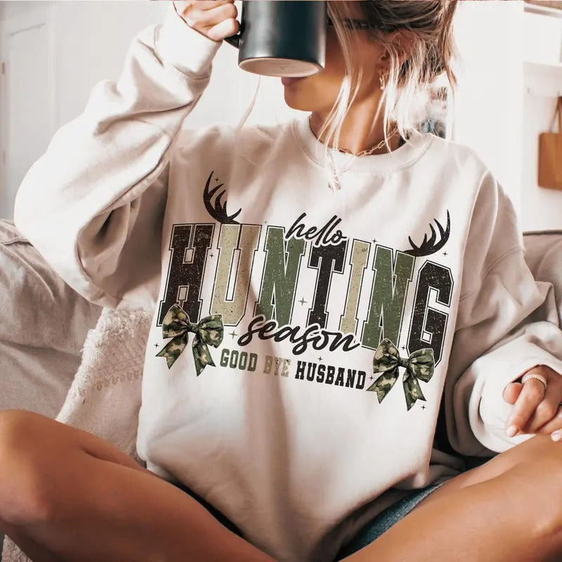 Hello Hunting Season Goodbye Husband Sweatshirt, Camo Coquette Bow Sweatshirt, Hunting Camo Dude Print Sweatshirt, Girls...