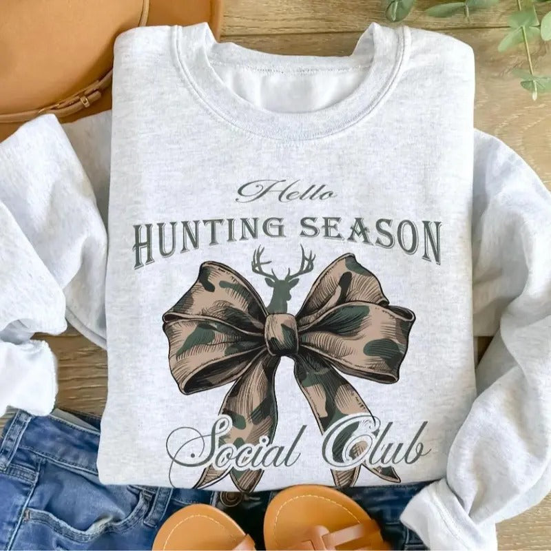 Hello Hunting Season Sweatshirt, Social Club Camo Hunting Coquette Bow Shirt Classic Menswear Hoodie | PrintMintTees.com