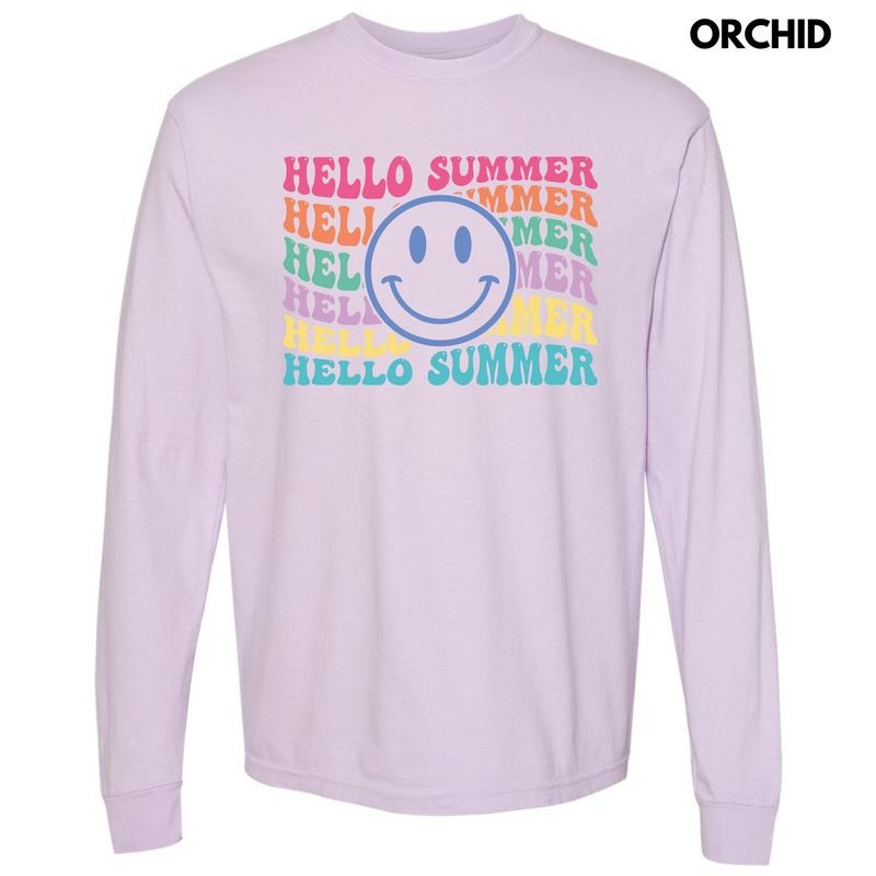 Hello Summer Happy Face Long Sleeve Comfort Colors T-Shirt 'NLB' Hoodie Sweatshirt | PrintMintTees.com