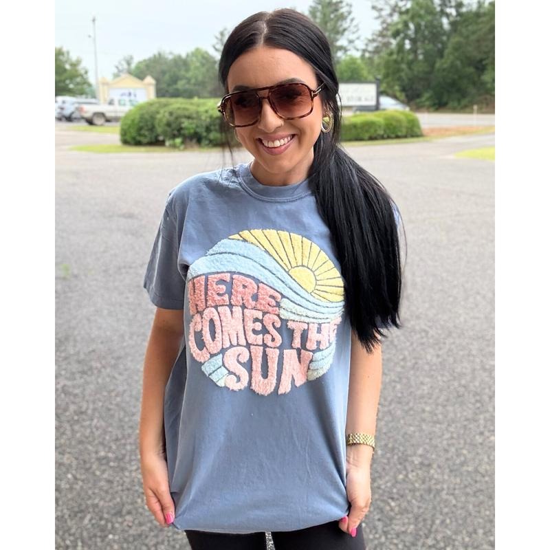 Here Comes The Sun Fluffy Patch Comfort Colors T-Shirt Hoodie Sweatshirt | PrintMintTees.com