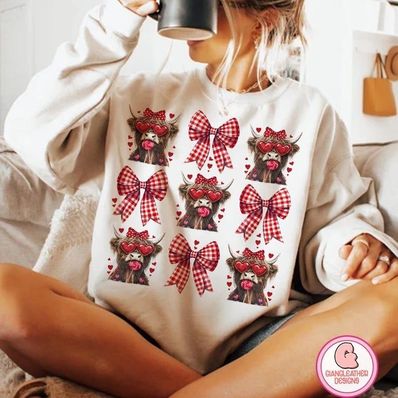 High.land Cow coquette Valentine's Day Blend Crewneck Sweatshirt, Valentine Western Cow Shirt Hoodie | PrintMintTees.com