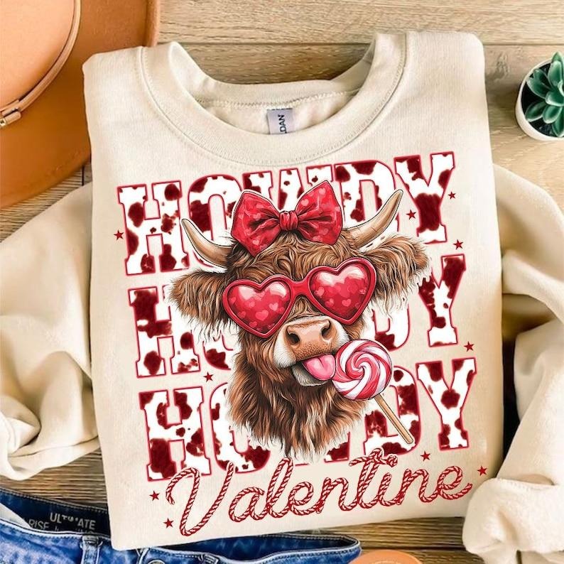 Highland Cow | Retro Valentine Coquette Sweatshirt | Heart Western Designs Shirt Hoodie | PrintMintTees.com
