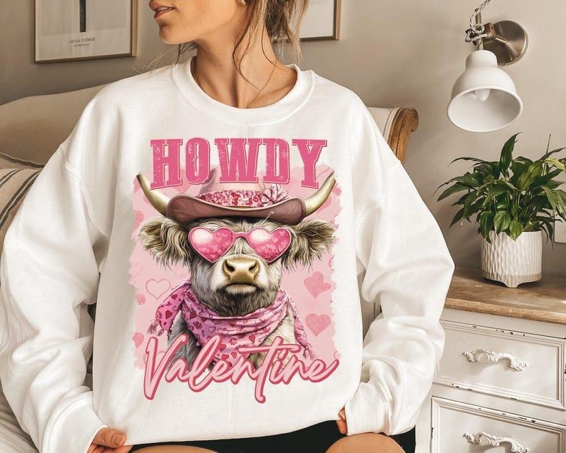 Highland Cow Crewneck | Valentine Coquette Sweatshirt | Retro Heart Love Design Shirt Hoodie | PrintMintTees.com