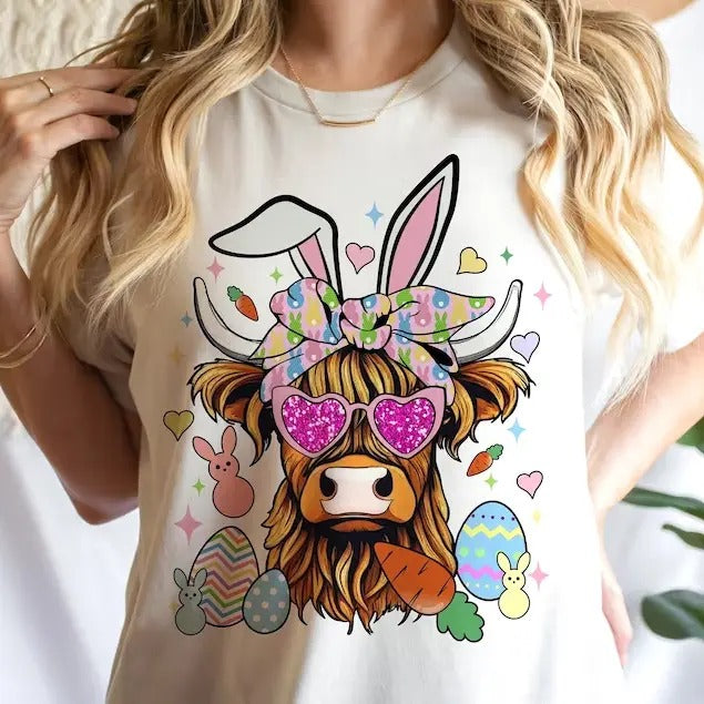 Highland Cow Easter Day Shirt, Happy Easter Sweatshirt, Heifer Cow Easter T-Shirt, Easter Egg Shirt, Cow Lover Shirts,...