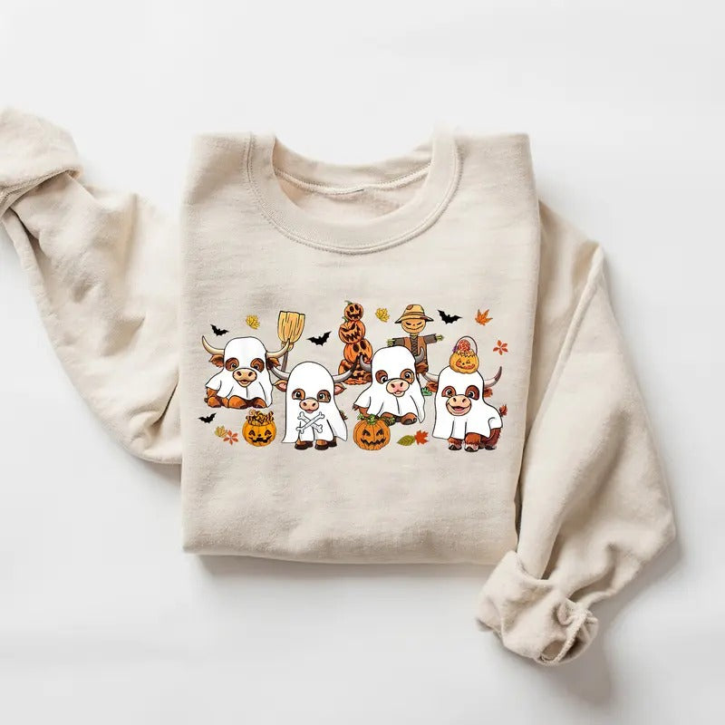 Highland Cow Halloween Sweatshirt, Ghost Cows Sweatshirt, Western Halloween Shirt, Halloween Animals, Ghost Shirt, Spooky...