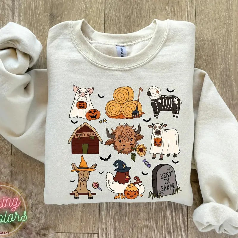 Highland Cow Halloween Sweatshirt, Spooky Farm Sweater,Spooky Season,Western Halloween Sweathirt, Halloween...