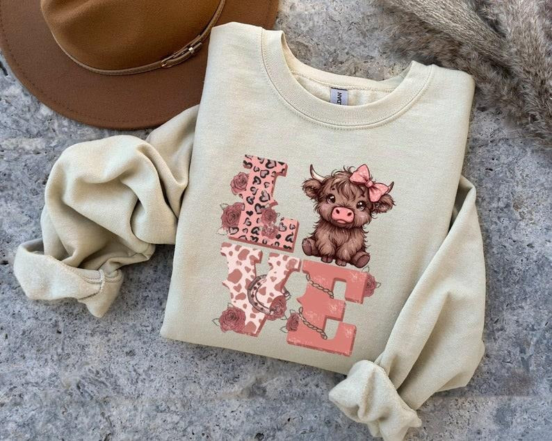 Highland Cow Sweatshirt, Love Sweater, Highland Cow Valentines Sweatshirt, Western Country  Hoodie and Sweater; T-shirt...