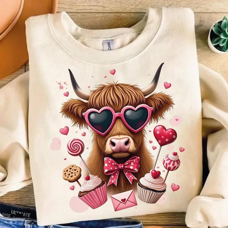 Highland Cow Valentine Coquette Love Retro Western T-Shirts, Hoodie, Sweatshirt