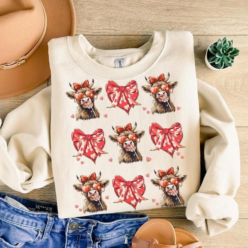 Highland Cow Valentine Coquette Sweatshirt, Valentine Heart , Love , Valentines Shirt Hoodie | PrintMintTees.com