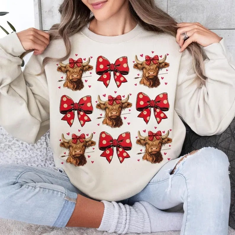 Highland Cow Valentine's Day Sweatshirt Coquette,Trending,Girly Valentine Shirt Hoodie | PrintMintTees.com