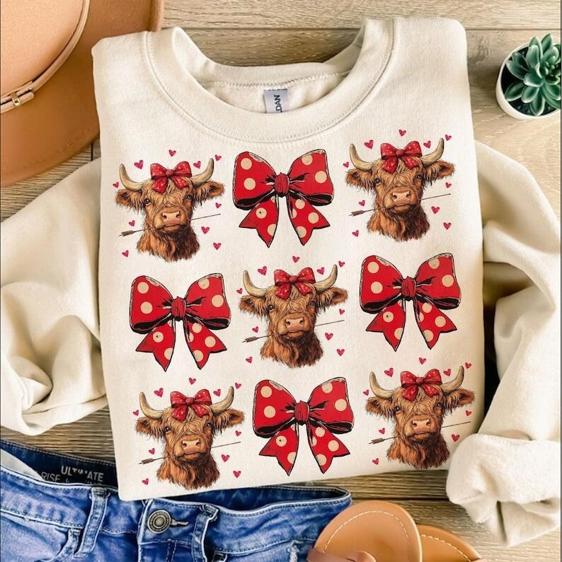 Highland Cow ,Sweatshirt,Valentine's day s,Valentine ,Coquette,Trending ,Girly Valentine Shirt Hoodie | PrintMintTees.com