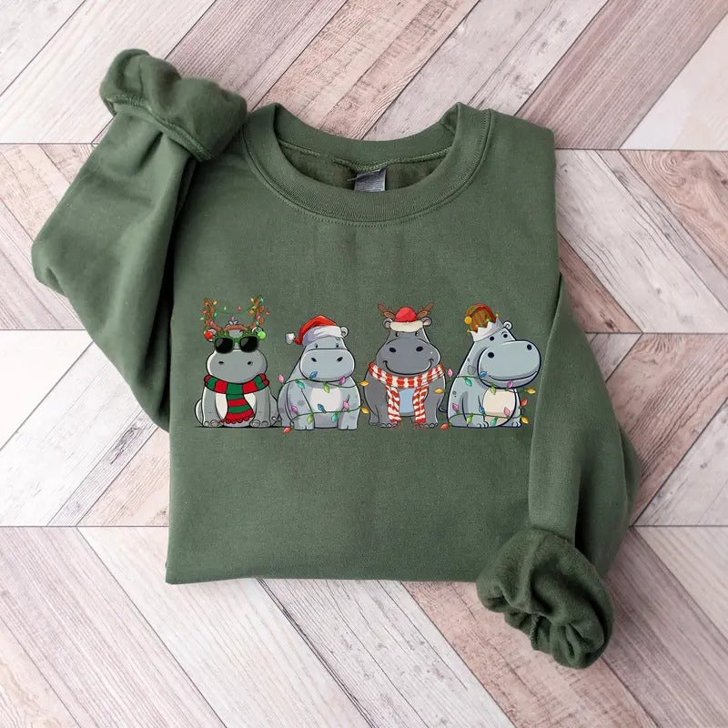 Hippopotamus Christmas Sweatshirt, Retro Hippo Christmas Sweater, Winter Xmas Holiday Sweaters, Xmas Christmas Gift...