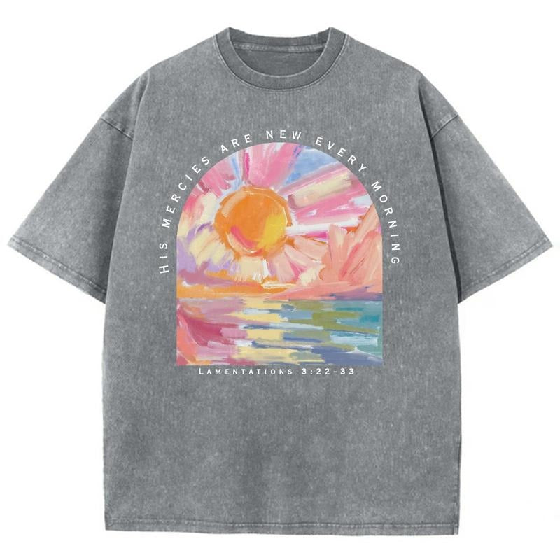 His Mercies Are New Every Morning Unisex Washed T-Shirt, Christian Jesus  t shirts, Vintage 90s Graphic Tee Gift Cotton...