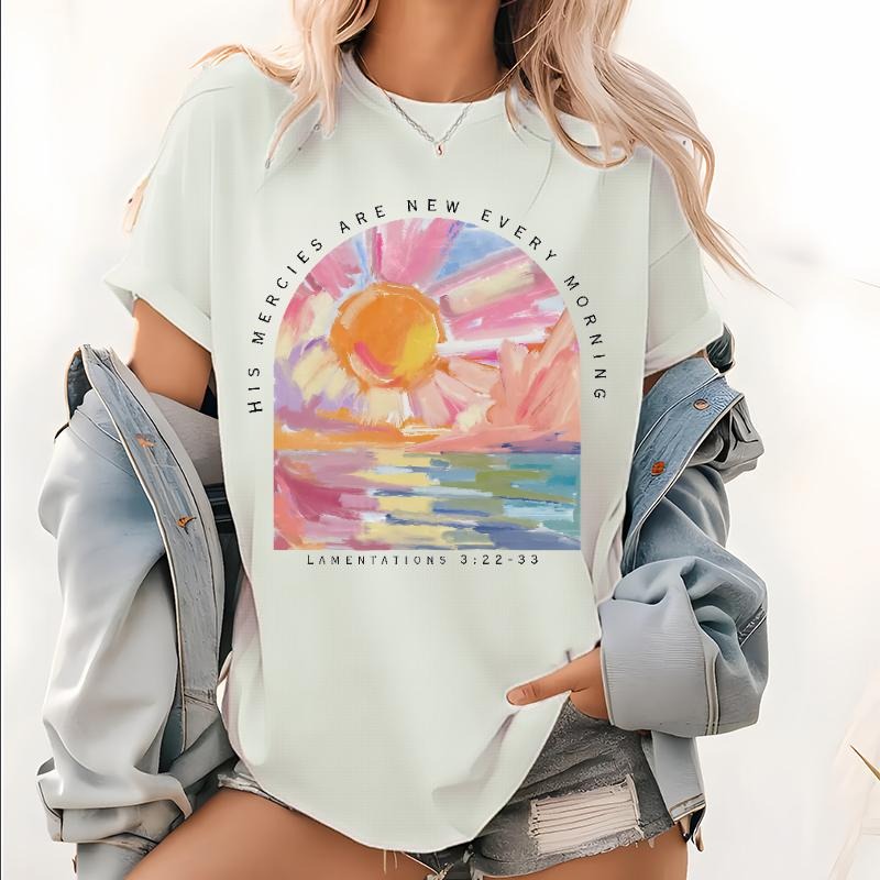 His Mercies New Every Morning Pattern T Shirt, Bible Lamentation 3:22-23 Tops, Christian Believer Print Tee, Bible Verse...