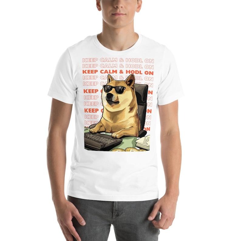 Hodl on Dogecoin shirt, SHIBA INU, Bitcoin, blockchain, Crypto, Meme, Funny, Cute dog Unisex T-Shirt Hoodie Sweatshirt