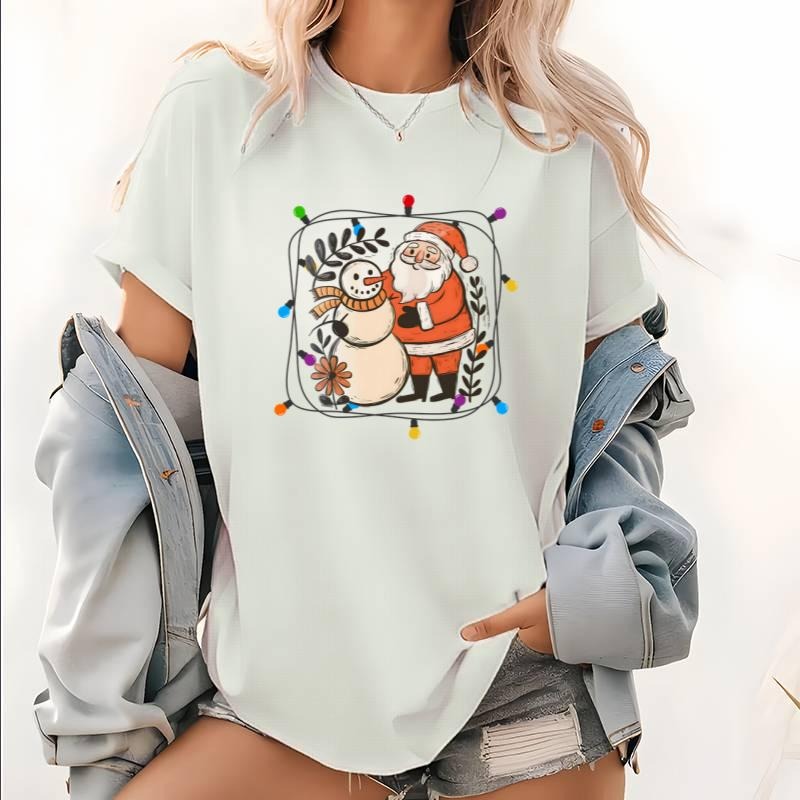 Holiday Glow Christmas T-Shirt with Santa, Snowman, and Wreath Lights Hoodie Sweatshirt | PrintMintTees.com