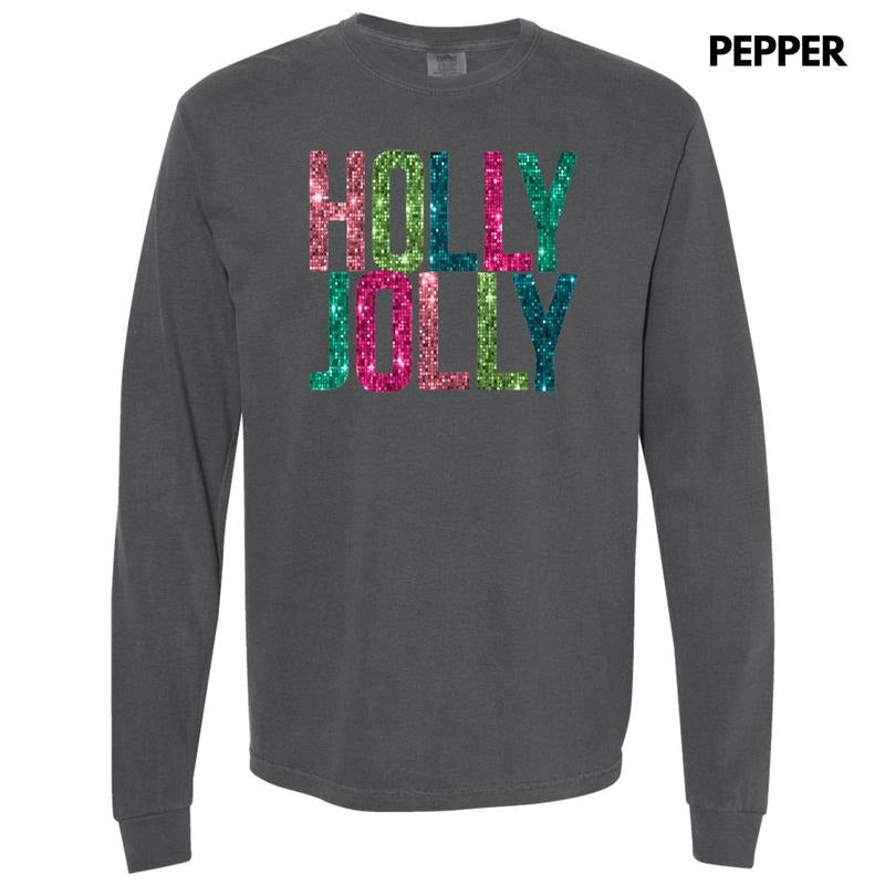 Holly Jolly FAKE Sequins Long Sleeve Comfort Colors T-Shirt Hoodie, Sweatshirt | PrintMintTees.com
