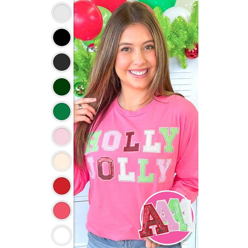 Holly Jolly Sequin Christmas Graphic Long Sleeve T-Shirt Hoodie Sweatshirt | PrintMintTees.com