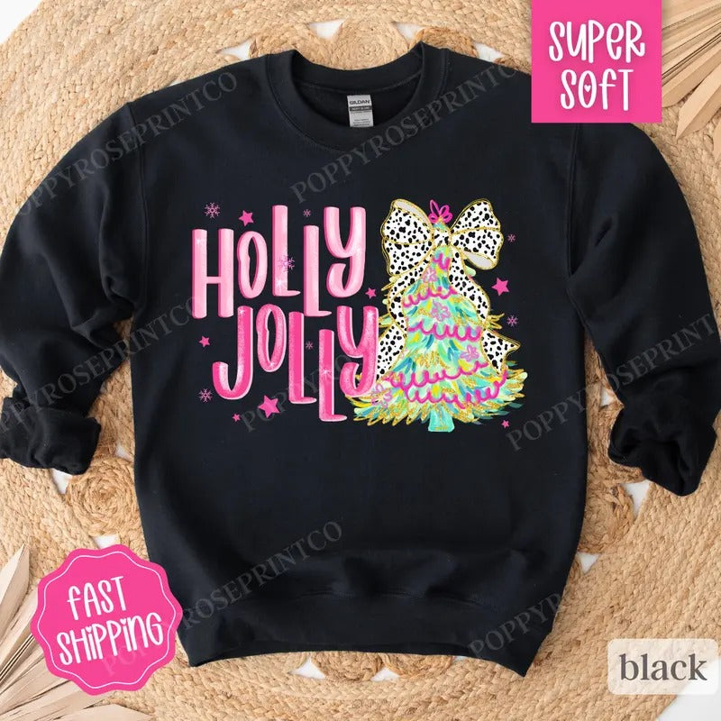 Holly Jolly Sweatshirt, Cute Christmas Sweater, Women's Holiday Crewneck T-Shirts, Hoodie | PrintMintTees.com