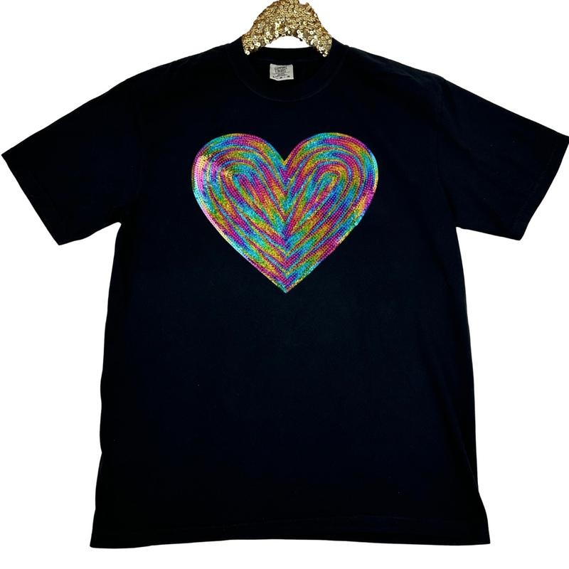 Holographic HEART Sequin Patch Comfort Colors T-Shirt -- BLACK Hoodie Sweatshirt | PrintMintTees.com