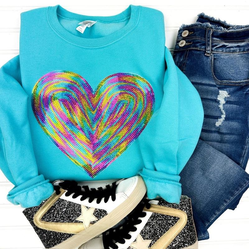 Holographic HEART Sequin Patch Sweatshirt -- SCUBA BLUE T-Shirts, Hoodie | PrintMintTees.com