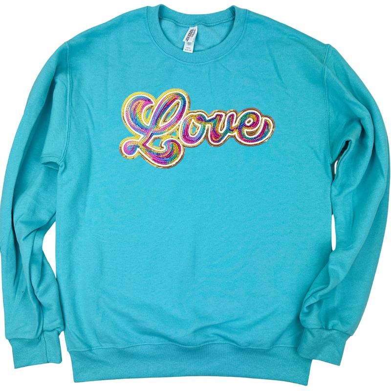 Holographic LOVE Sequin Patch Sweatshirt -- SCUBA BLUE Shirt Hoodie | PrintMintTees.com