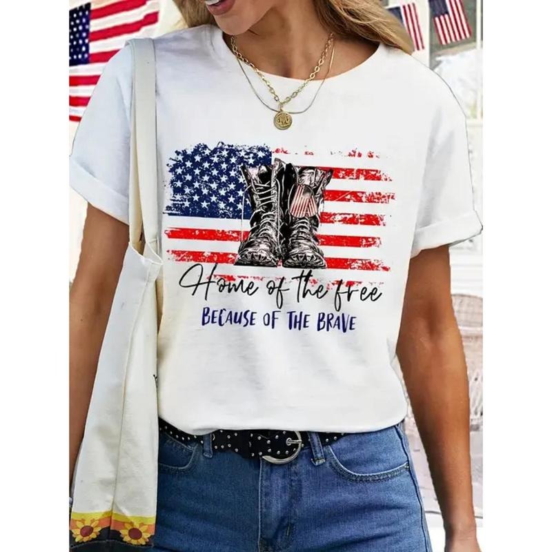 Home of the Free Because of the Brave Round Neck Short Sleeves American Flag Graphic T-Shirt for Women- Patriotic...