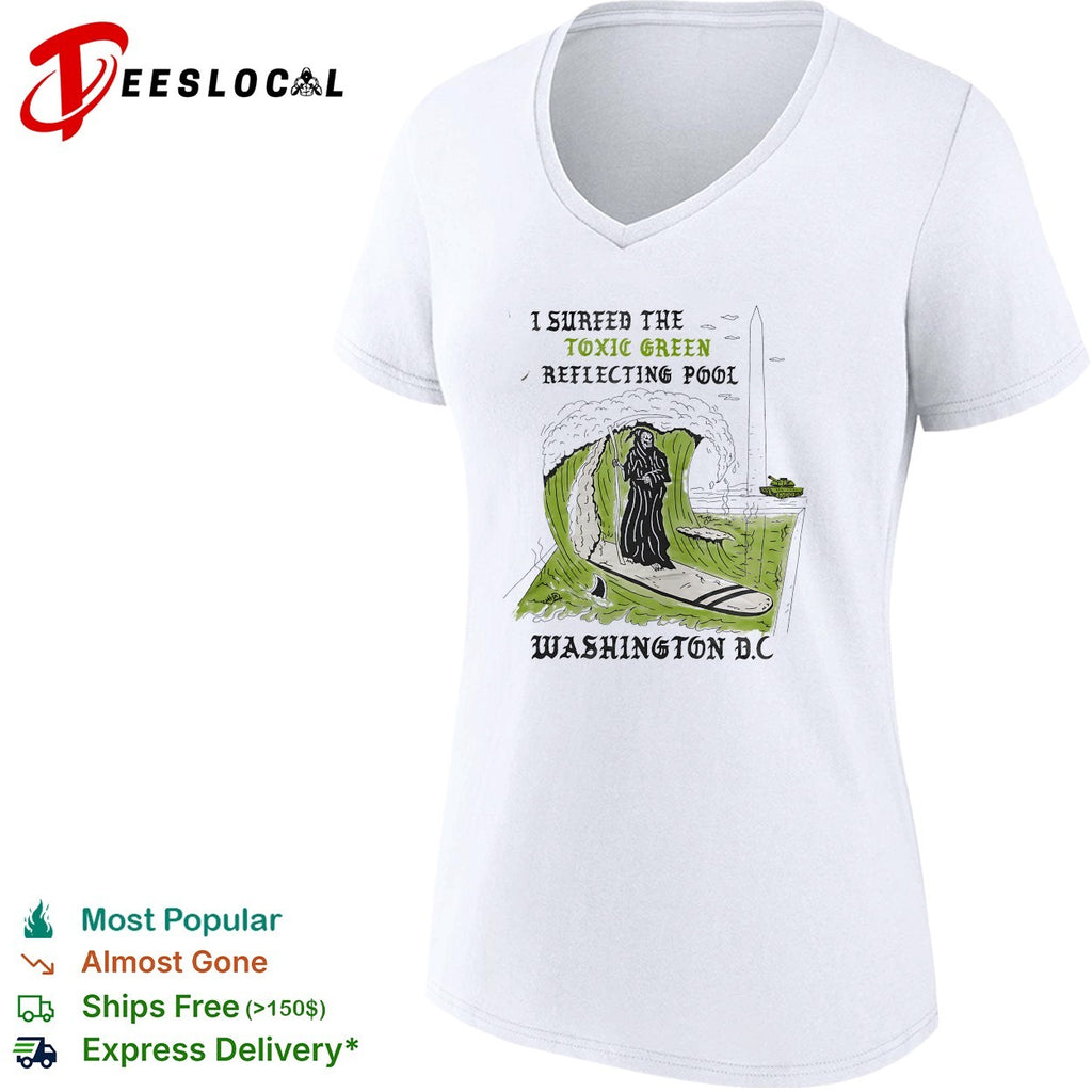 Hooded figure surfing toxic green reflecting pool Washington DC shirt