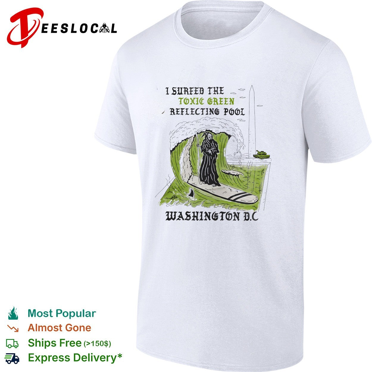 Hooded figure surfing toxic green reflecting pool Washington DC shirt