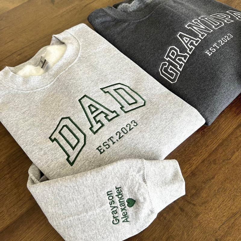Custom Dad Embroidered Sweatshirt/Hoodie, Name On Sleeve With Heart Crewneck, Grandpa Shirt With Date, Daddy Est Year...