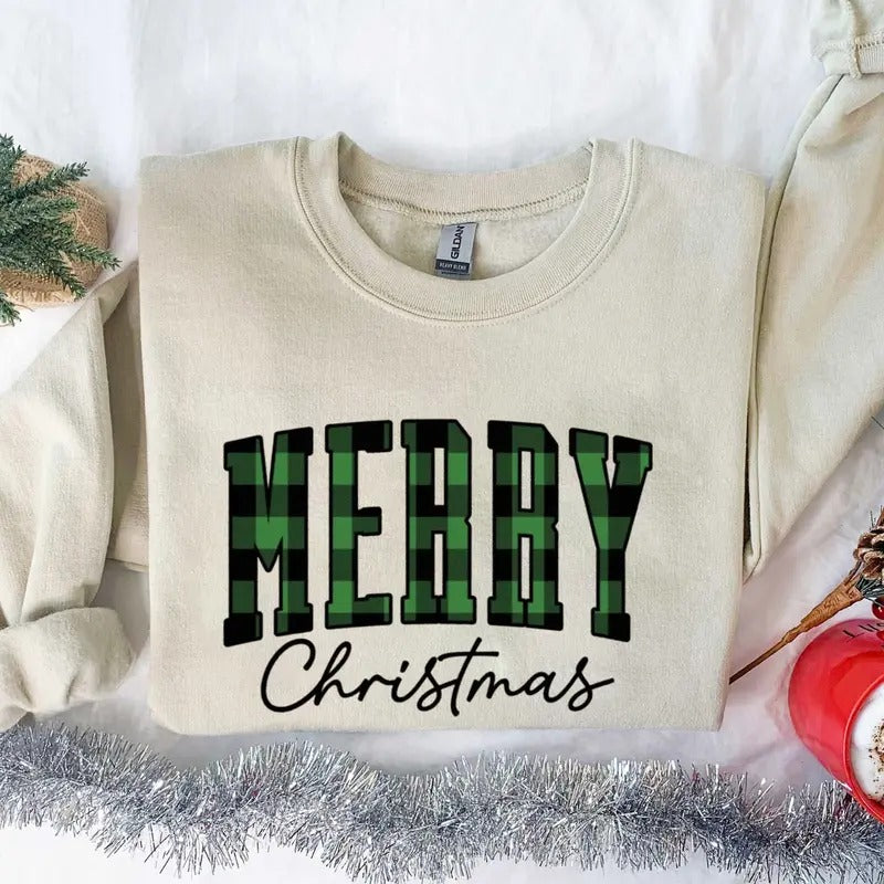 Merry Christmas Tshirt/Sweatshirt/Hoodie, Retro Buffalo Plaid Sweater Crewneck, Gift For MyFriends, Cotton, Menswear Top