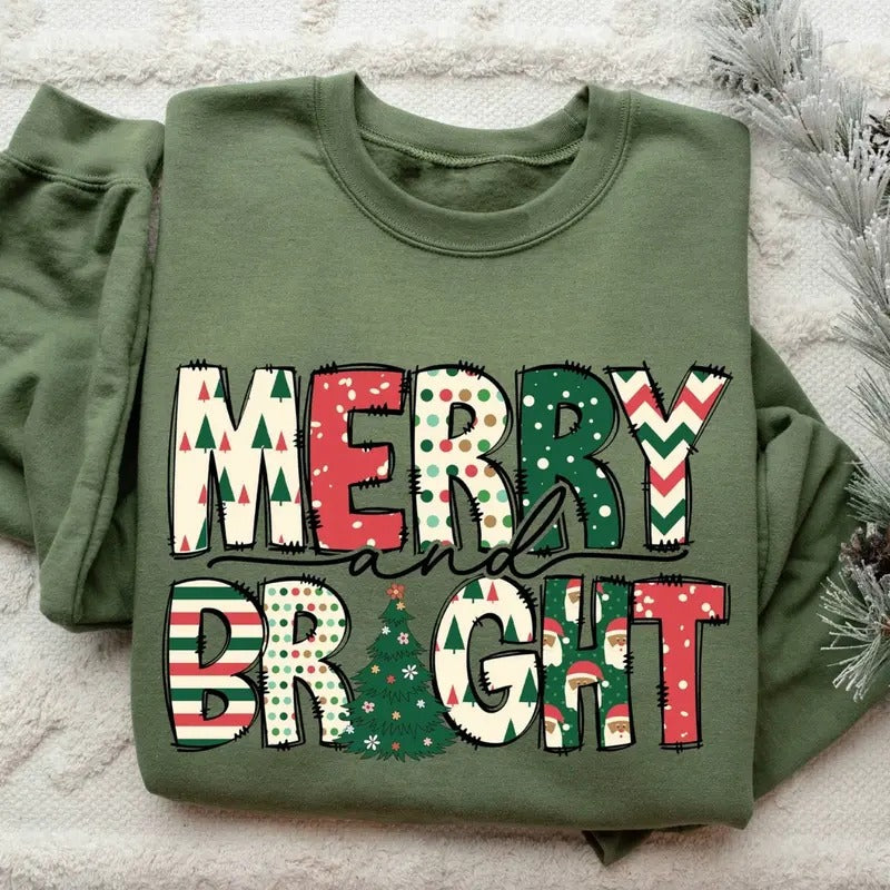 Merry and Bright Shirt/Sweatshirt/Hoodie, Retro Crewneck, Gift For Xmas, Cotton, Womenswear Tops | PrintMintTees.com