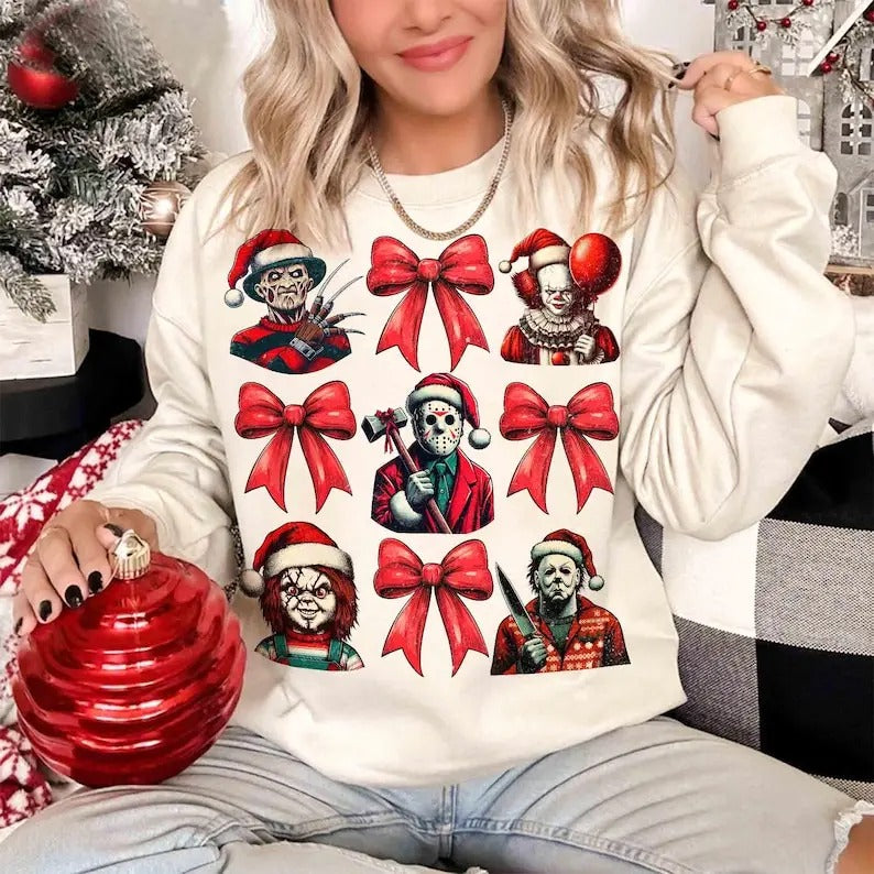 Horror Christmas Coquette Bow Sweatshirt Merry Christmas Christmas Horro Killers Friends Sweatshirt Shirt Hoodie