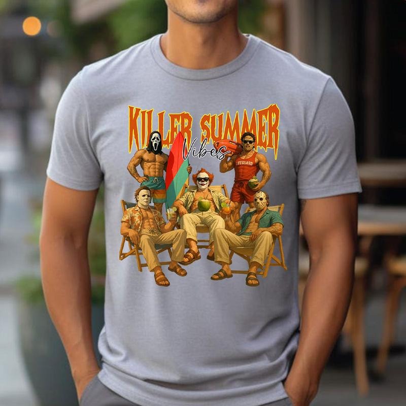 Horror Movie Killer Summer Vibes Shirt, Hello Summer Shirt, Horror Summer Shirt, Horror Beach Tee, Beach Vacation Shirt,...