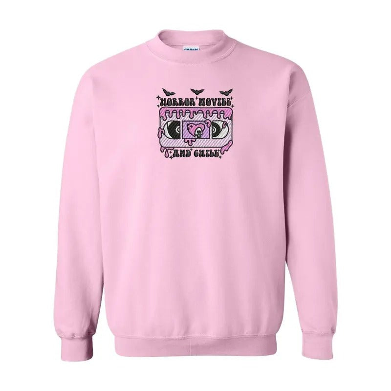 Horror Movies and Chill Embroidered Crewneck Sweatshirt T-Shirts, Hoodie | PrintMintTees.com