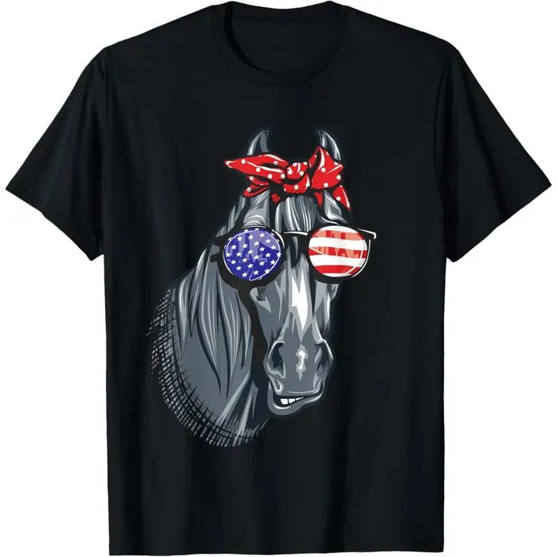 Horse 4th of July Shirt Women Horse Graphic American Flag T-Shirt made in usa Hoodie Sweatshirt | PrintMintTees.com