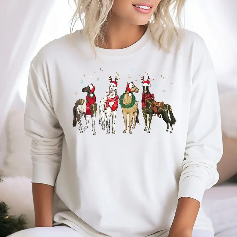 Horse Christmas Sweater, Horses In A Row Tee, Horse Lover Animal Christmas Shirt, Christmas Animals Shirt, Funny Horse...